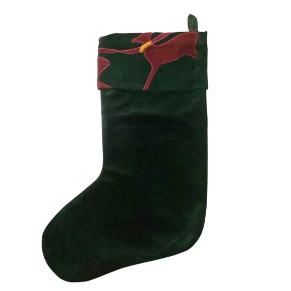 Vtg Velvet Green Christmas Stocking With Reindeer Design 20” NEW NWOT - Picture 1 of 6
